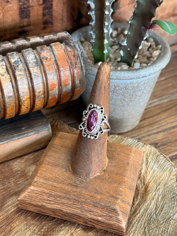 Sterling silver ring with purple spiny oyster oval stone, ornate openwork setting