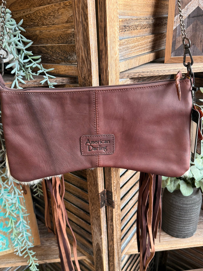 Burgundy leather back of fringe chain purse with American Darling logo patch