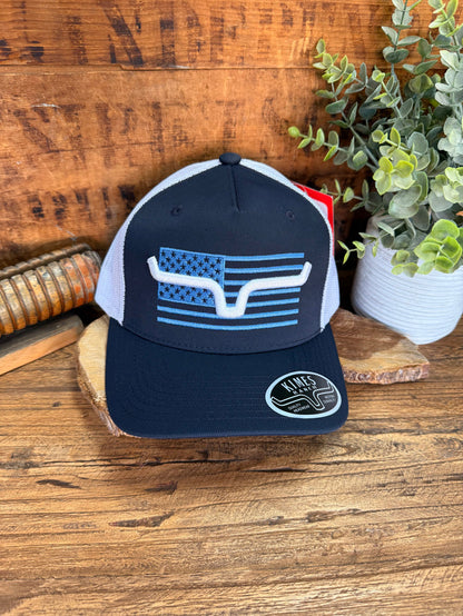 Kimes Capital navy cap hat with American flag bull logo and oval Kimes patch
