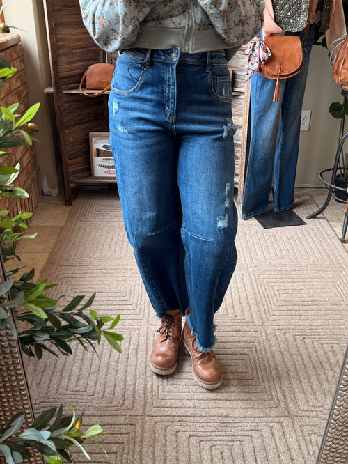 Mica barrel jeans in dark blue wash, straight-to-barrel wide leg with ripped knee detail