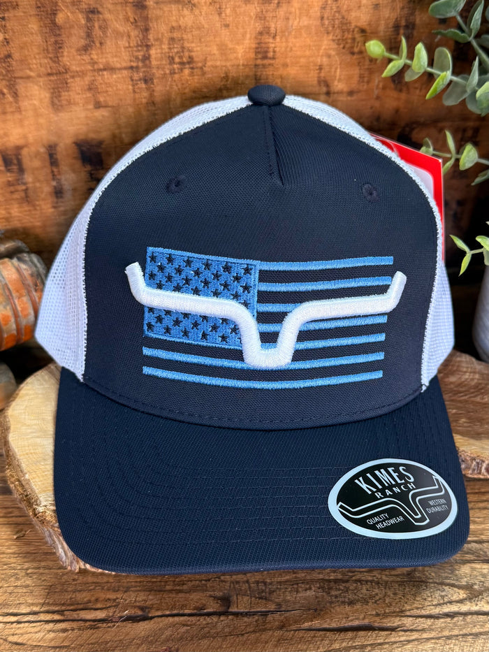 Kimes Capital navy mesh-trucker hat with American flag bull emblem on front