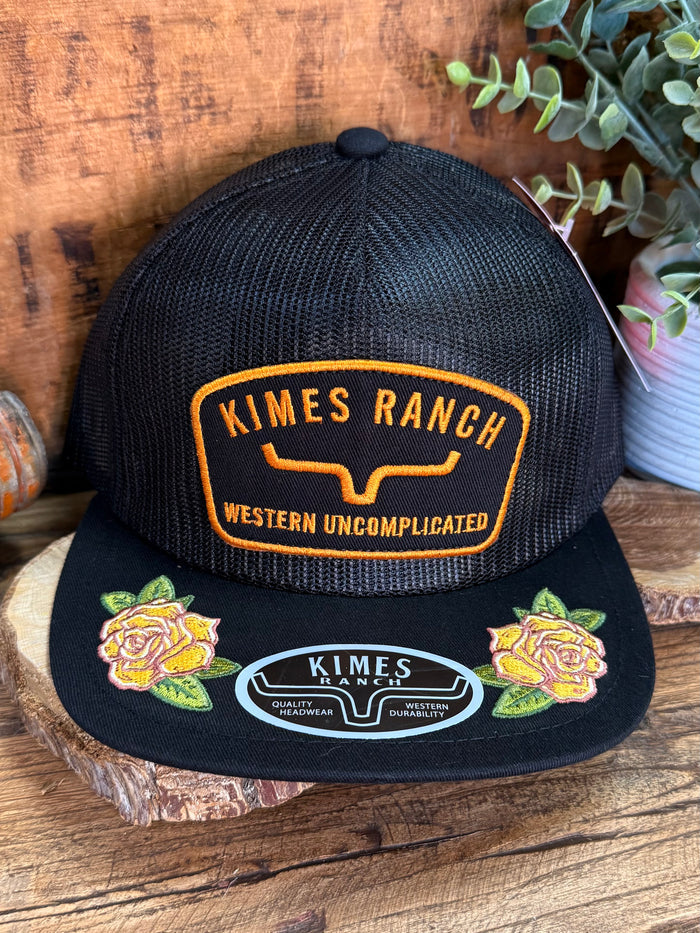 Black mesh baseball cap with Kimes Ranch embroidered front patch and side rose patches