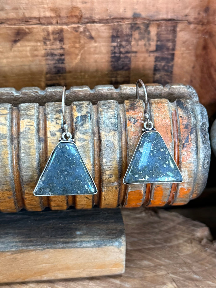 Pair of silver-plated fishhook earrings with blue triangular stone dangles