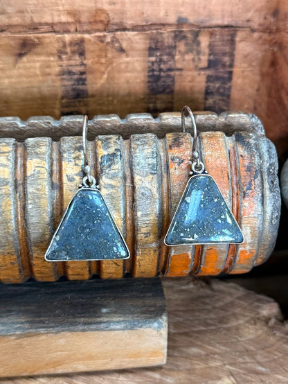 Pair of silver-plated fishhook earrings with blue triangular stone dangles