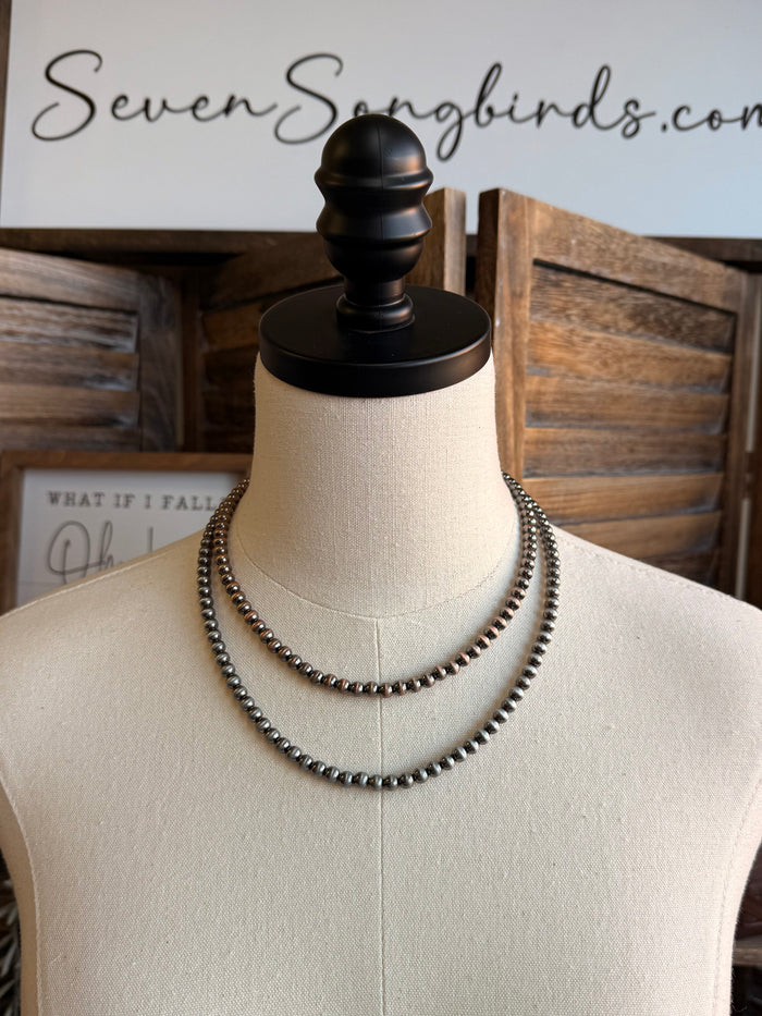 18-inch 6mm silver-tone beaded necklace on a mannequin, double-strand style