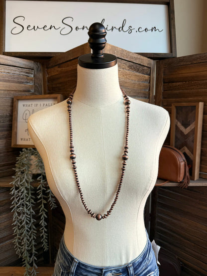 Mixed copper pearl bead necklace, long strand with uniform round beads
