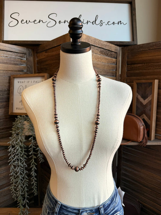 Mixed copper pearl bead necklace, long strand with uniform round beads