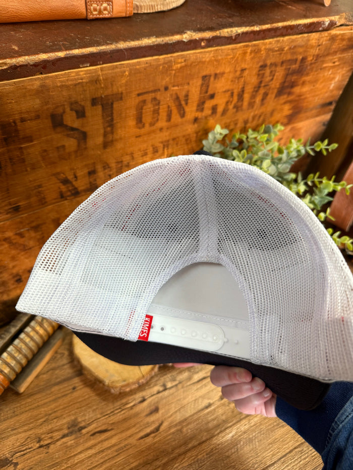 Kimes Capital white mesh cap back with adjustable strap and small red tag