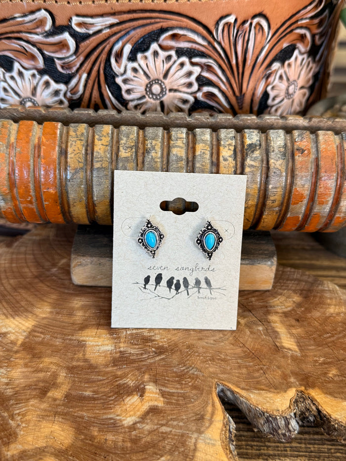 Turquoise and silver diamond stud earrings with ornate teardrop settings, pair