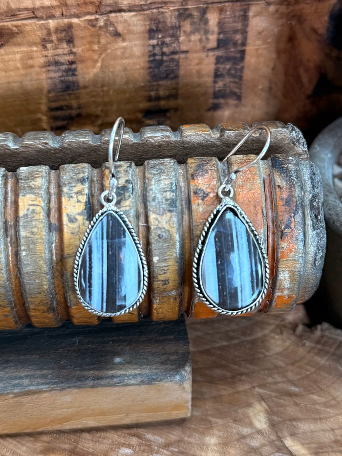 Pair of blue opal teardrop fishhook earrings with silver beaded border
