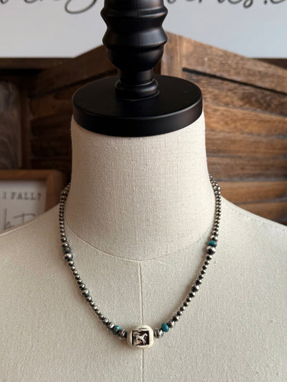 Sterling silver bead necklace with square center charm and turquoise accent beads