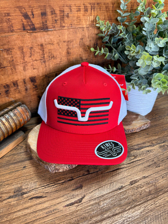 Kimes Capital red cap hat with American flag bull logo and oval Kimes patch