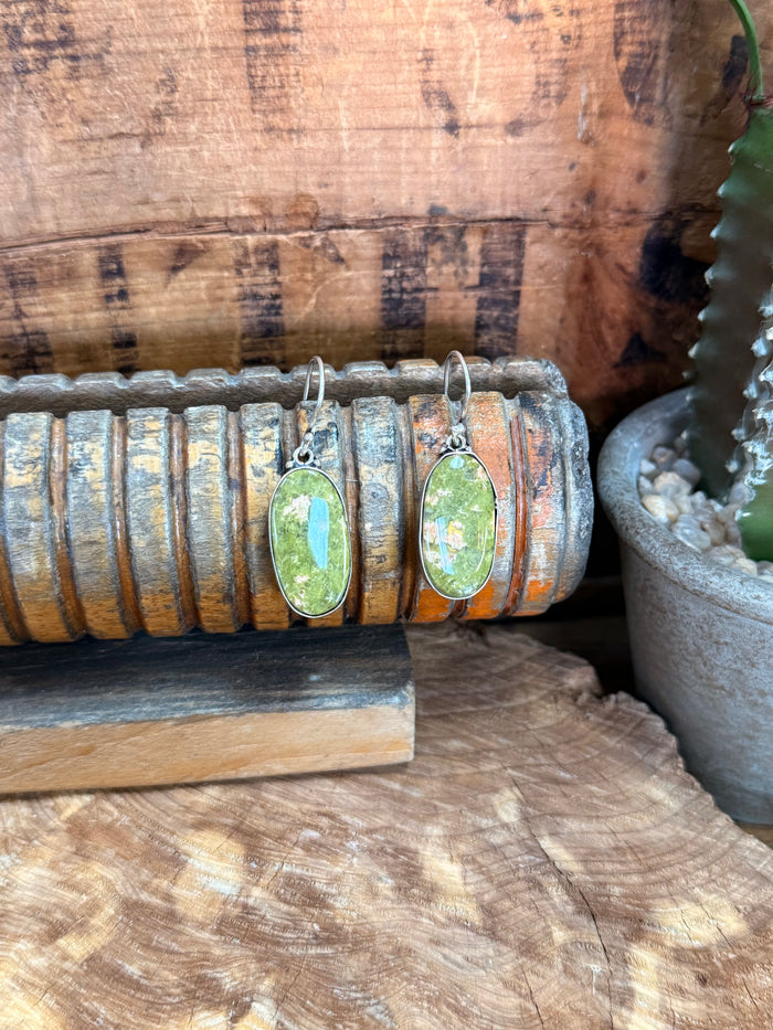 Silver-plated fishhook earrings with green oval natural stone cabochons and oval frames