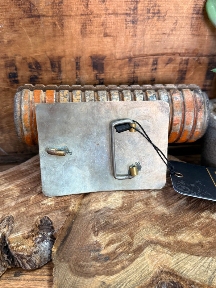 Turquoise stone belt buckle backside with metal buckle bar and pin hardware