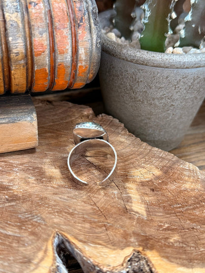 Open-back silver-tone ring with dark mottled cabochon stone