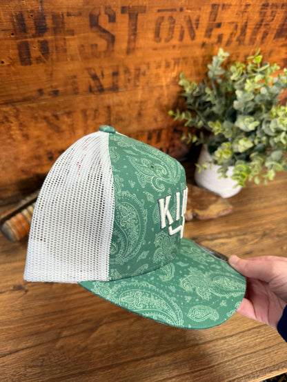 Green paisley baseball cap with white mesh side panel and KIMES logo