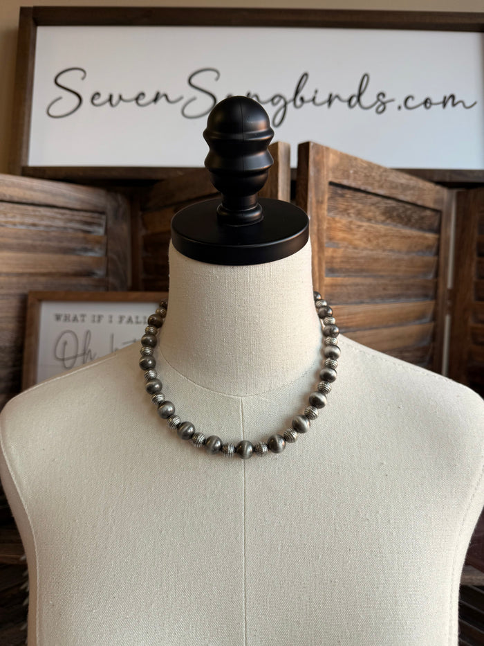 Silver pearl bead necklace, 10mm and 8mm round beads with black clasp