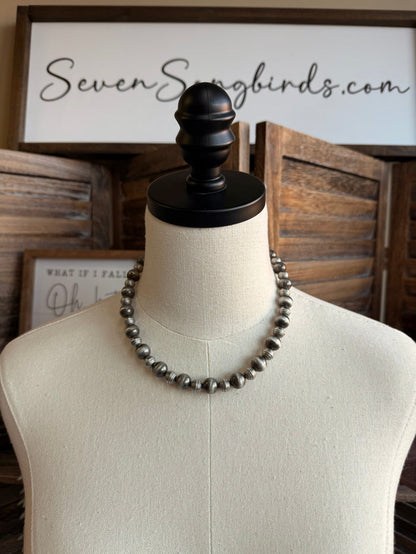 Silver pearl bead necklace, 10mm and 8mm round beads with black clasp