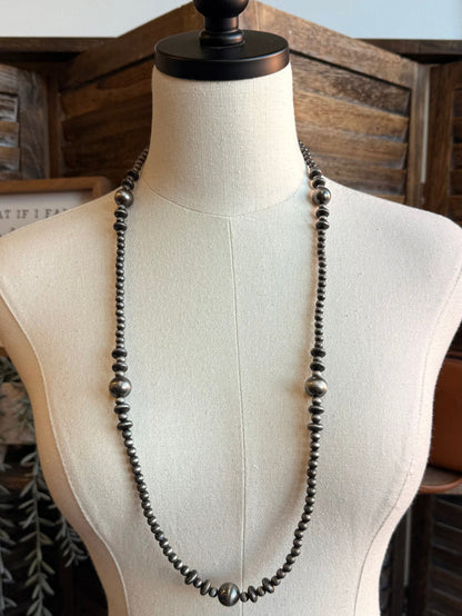 Mixed silver pearl bead necklace, straight strand with evenly spaced round beads