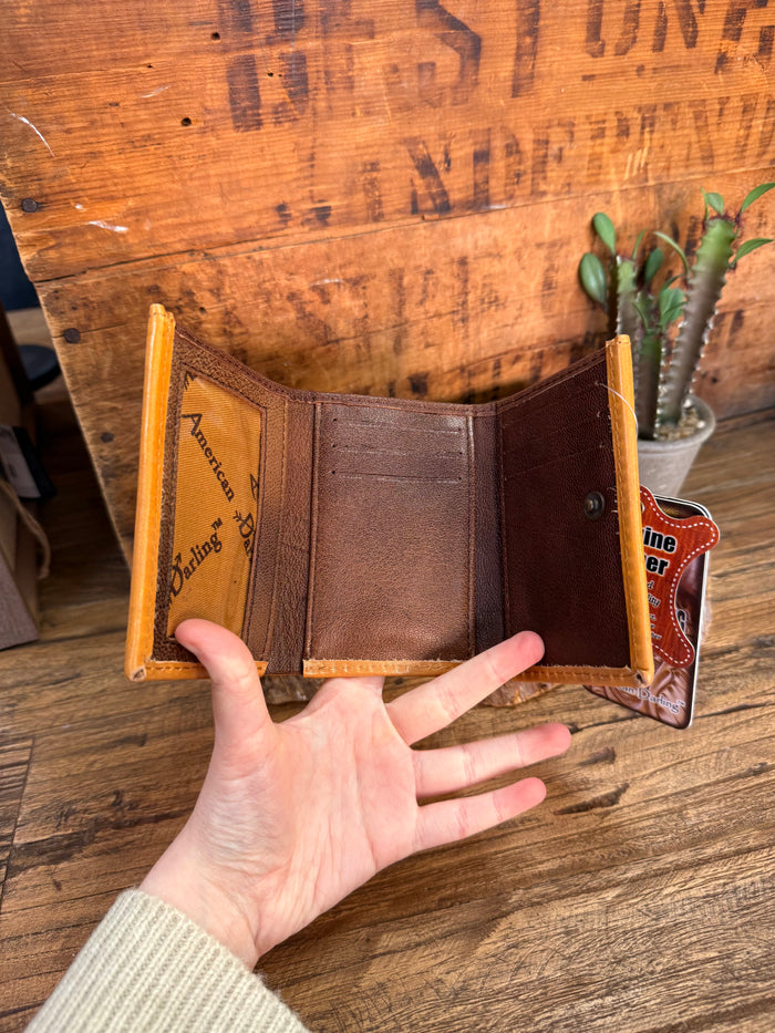 Bifold leather wallet interior with card slots and open bill compartments