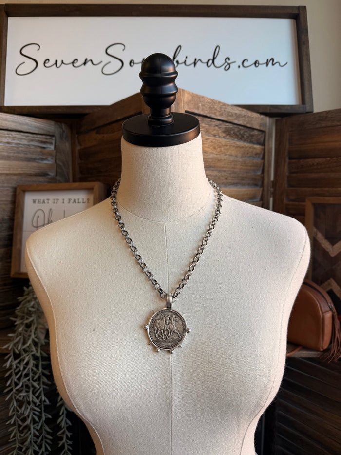 Silver-tone horse coin medallion necklace with curb chain and round pendant