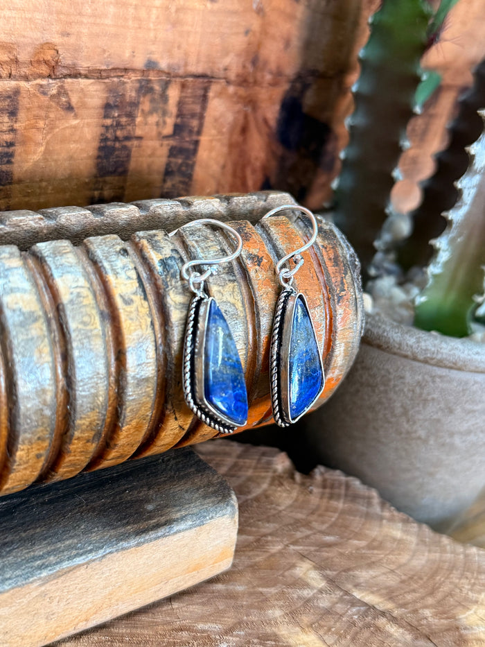 Silver-plated fishhook earrings with blue teardrop lapis stones and twisted rope border