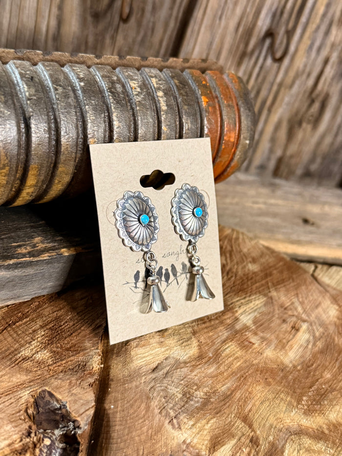 Turquoise concho stud earrings with silver scalloped discs, turquoise center, and bell drops
