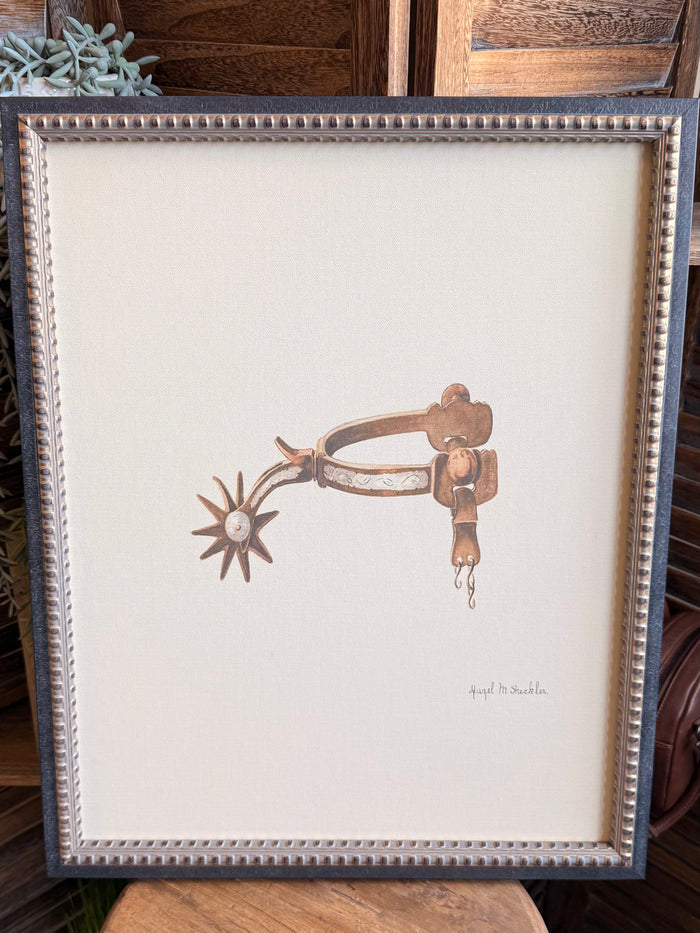 18x22 framed Western spur illustration with cowboy figure, silver beaded frame