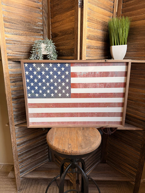 Framed American flag wall art with blue stars and red-and-white stripes