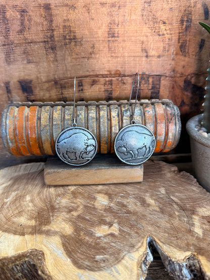 Silver round buffalo coin drop earrings with fishhook backs