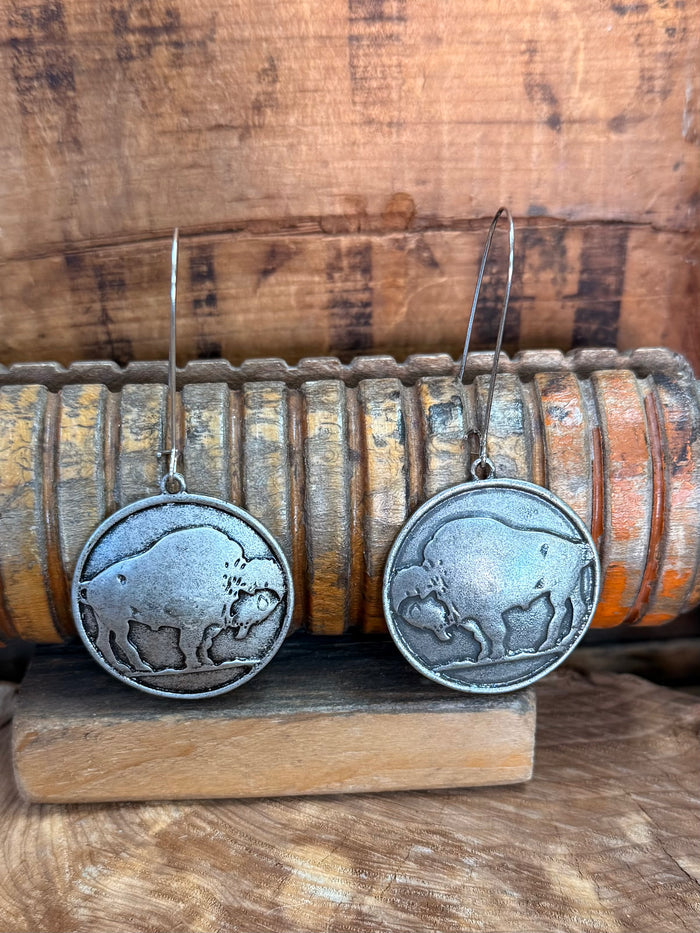 Hanging round buffalo coin earrings on fishhook wires