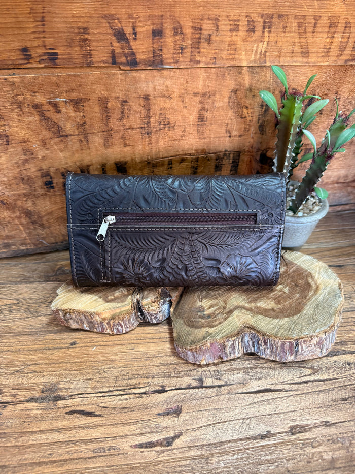 Dark blue leather long wallet with embossed panel and stitched inner card pocket