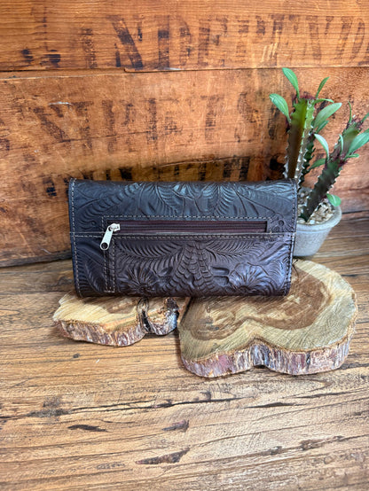 Dark blue leather long wallet with embossed panel and stitched inner card pocket