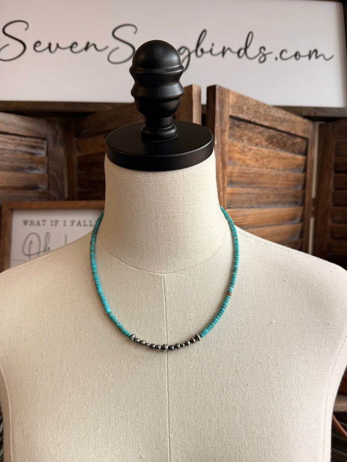 18-inch blue turquoise heishi bead necklace with sterling pearl accents