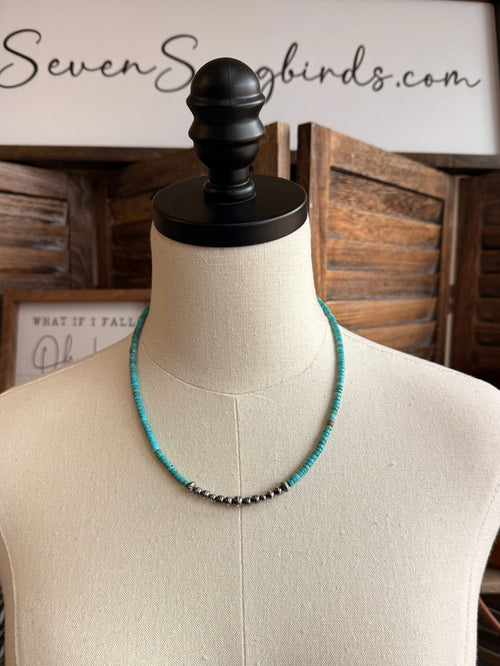18-inch blue turquoise heishi bead necklace with sterling pearl accents
