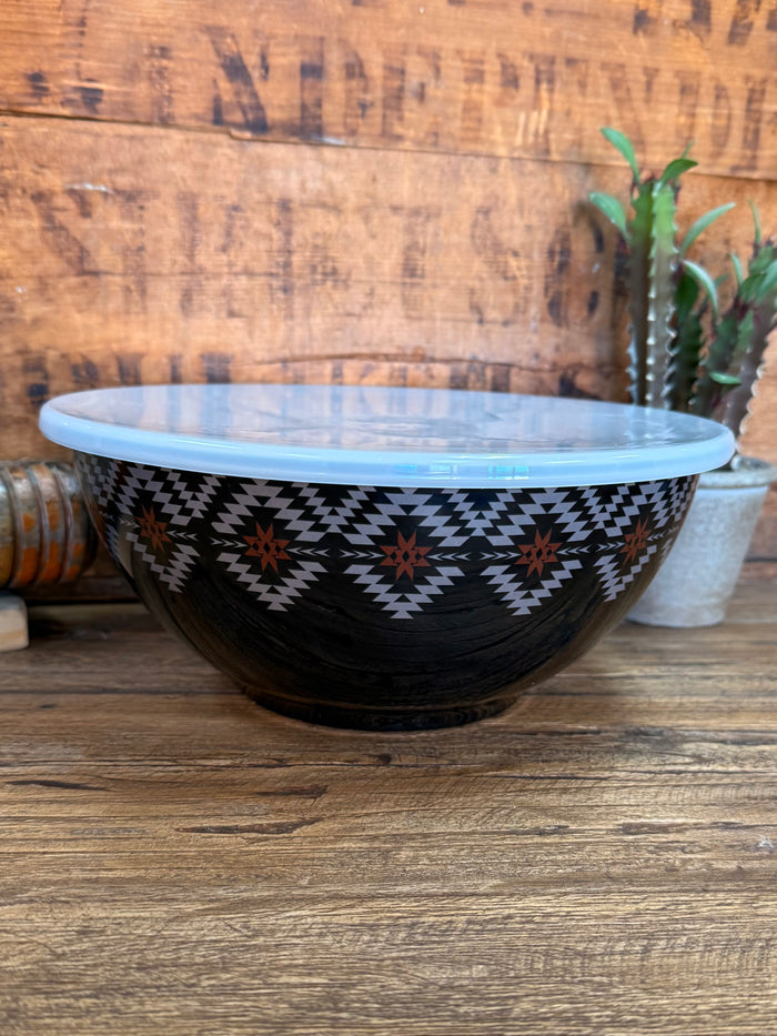 Black Aztec melamine bowl with light blue lid, black base and white diamond stripe design