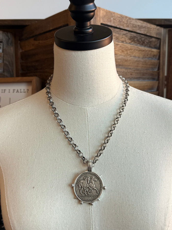 Silver-tone curb chain necklace featuring a round horse medallion pendant