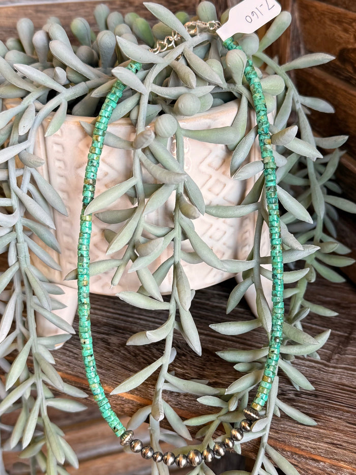 Turquoise green heishi necklace with sterling silver clasp and bead drops