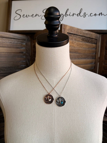Coin necklace with two round stone pendants, copper and silver on V-shaped chains