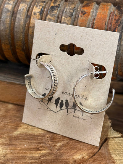 Sterling silver hoop stud earrings, large curved hoops with raised detail and clasp backs
