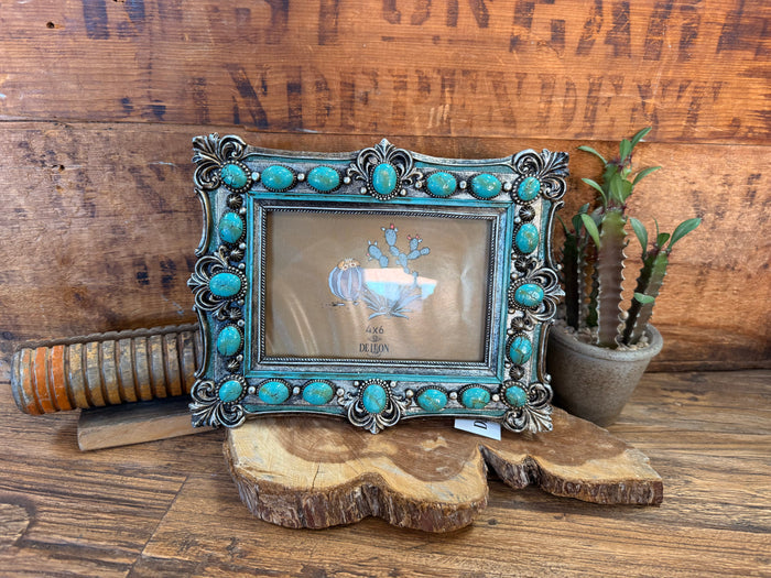 Turquoise and silver scrolled 4x6 picture frame with decorative bead accents
