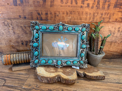Turquoise and silver scrolled 4x6 picture frame with decorative bead accents