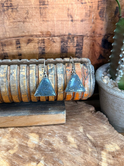 Silver-plated fishhook earrings with blue triangular speckled stone pendants
