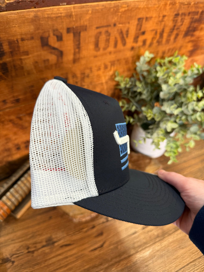 Kimes Capital navy cap with white mesh side panel and American flag bull logo