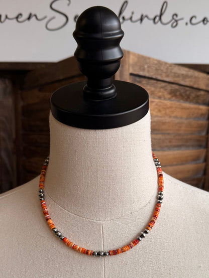 16-inch orange spiny oyster heishi necklace with silver-toned bead trim
