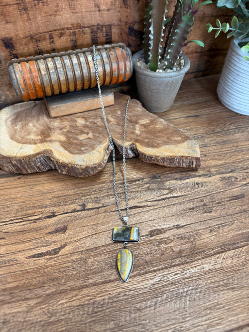 Silver-plated lariat necklace with rectangular and teardrop bee jasper pendants