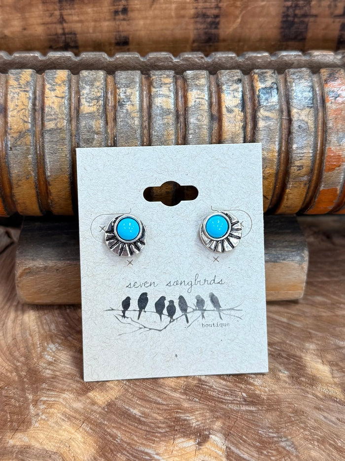 Silver concho fan stud earrings with round turquoise stones and etched fan spokes