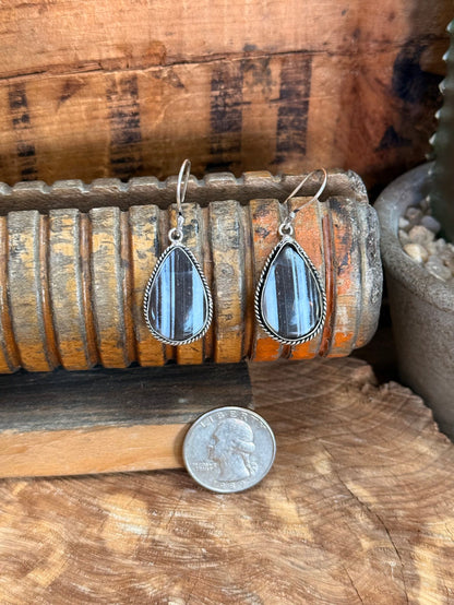 Blue opal teardrop fishhook earrings in silver-toned metal with blue striping