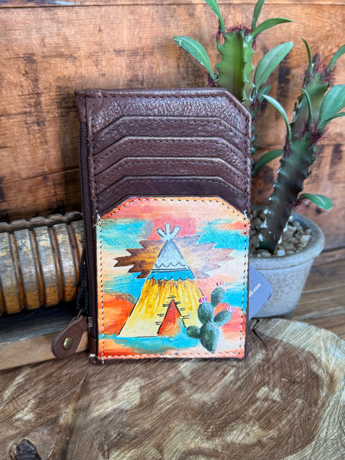 Hand-painted card and coin wallet with brown leather, tepee landscape illustration on front