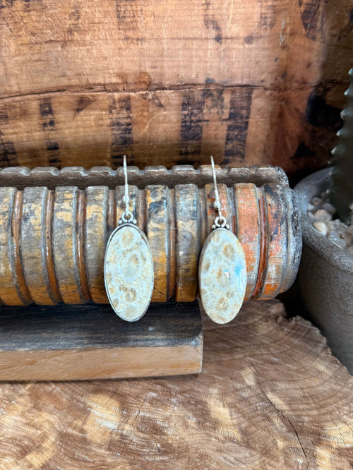 Silver fishhook earrings with oval light blue fossil coral stone drops